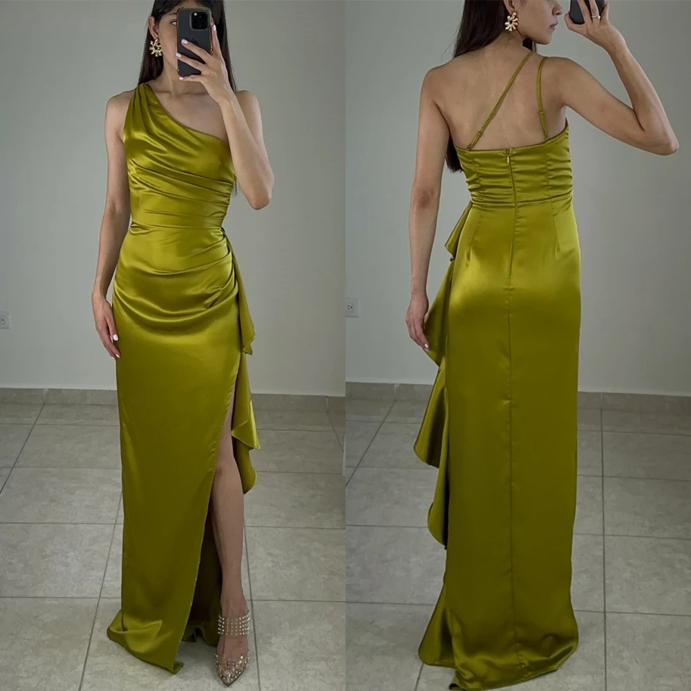 

Customized Elegant Green Satin Evening Dress Formal One Shoulder Sleeveless Celebrity Gowns Classic Straight Backless Prom Dress