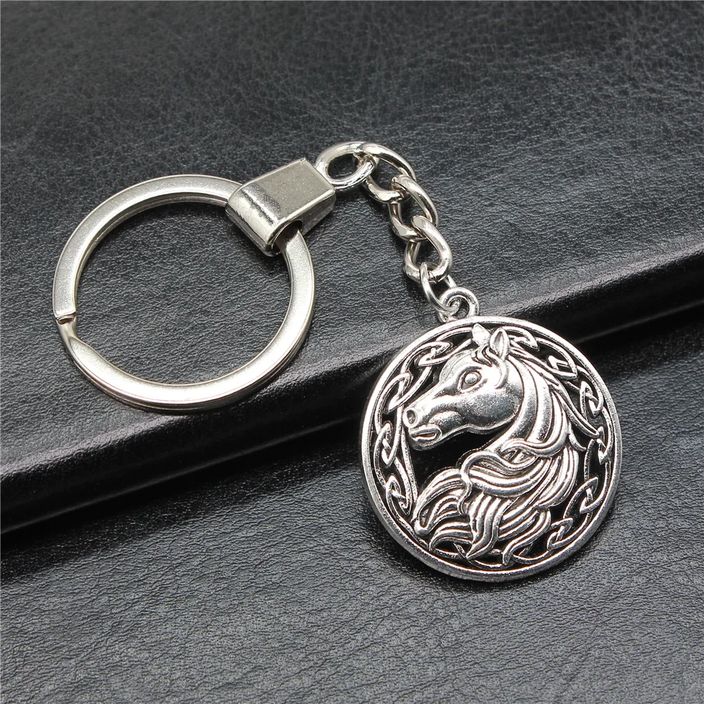 Keychain Holder Souvenirs Gift Vintage Handmade Antique Silver Color 34x30mm Horse Pendant Keyring