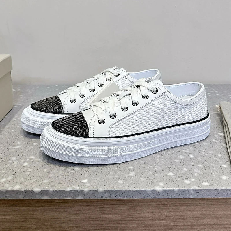 Scarpe basse con fondo spesso con lacci e perline Scarpe casual con design intrecciato in vera pelle Scarpe da passeggio autunnali primaverili unisex