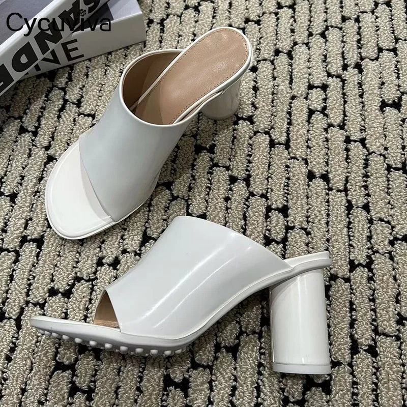 

Sexy Square Toe Round Heel Slippers Women Real Leather Slides Modern Sandals Summer Party Dress Shoes For Woman Slippers