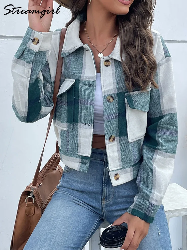 Streamgirl Short Plaid Jacket Women Oversize Autumn Vintage Thicken Wool Plaid Coats Outerwears Autumn Jackets For Women 2023