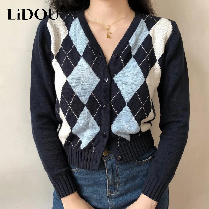 

2023 Spring Autumn New American Style Vintage V-neck Long Sleeve Sweater Women Fashion Button Plaid Contrast Color All-match Top