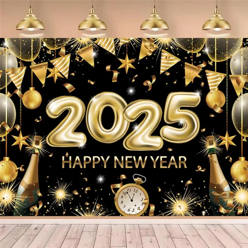 Happy New Year Backdrop 2025 Blackgold Backdrop Happy New Year 6.88 X 4.92Ft Happy New Year Decorations Wall Display