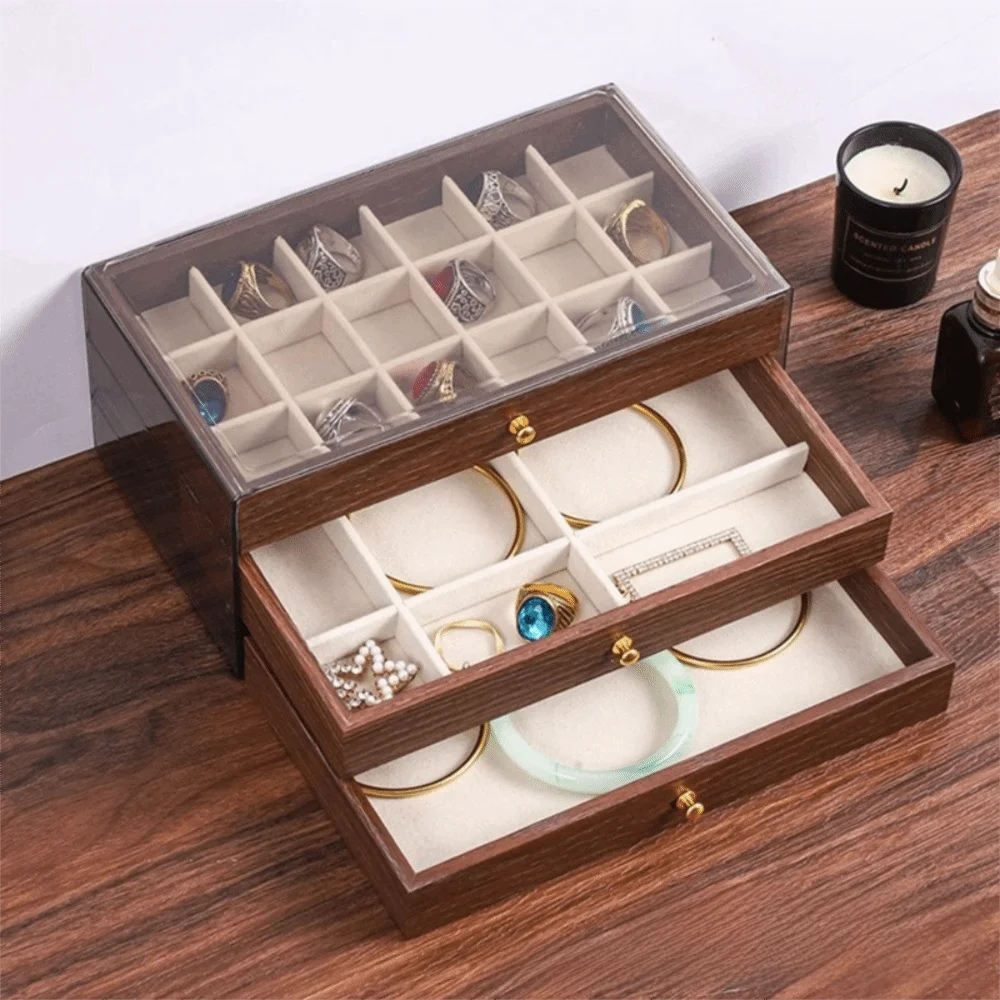 

Multi-layer Wooden Jewelry Box Transparent Window Large Capacity Necklace Organizer Square Design Three-layer Drawer
