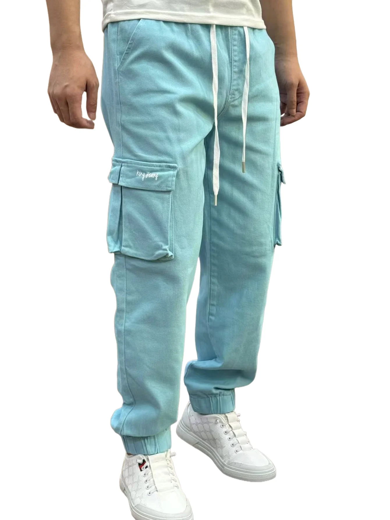 KING JEANS メンズ スカイブルー パンツ ウエストゴム入り おしゃれ トレンド ヒップホップスタイル 多機能ポケット カフス付きパンツ