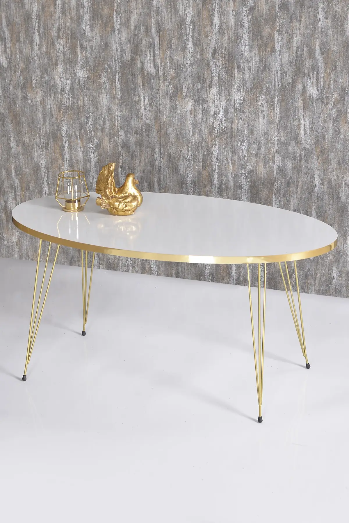 DOLBOVI Zigon Coffee Table and Medium Coffee Table White Ellipse Set Wire Foot Gold Coffee Table