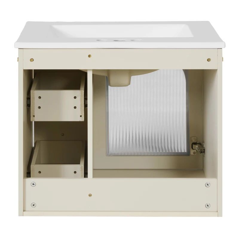

24" Bathroom Vanity Set Wall Mounted for Small Space, Bathroom Cabinet with Ceramic Sink, 2 Drawers and 1 Soft-Close Door