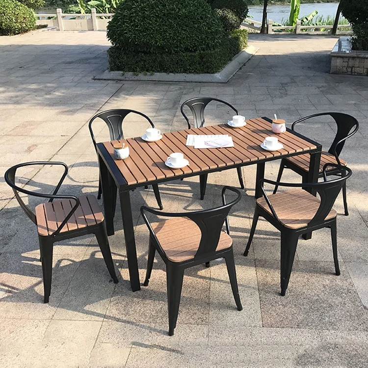 Cheap Modern Patio Porch 7 Piece Aluminum Dining Set Furniture Outdoor Garden Cafe Plastic Wood Table and 6 Seater Chairs