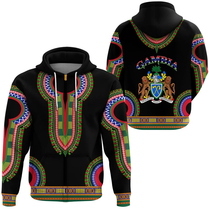 Africa Gambia Map Flag 3D Print Zip Up Hoodie For Men Patriotic Tracksuit National Emblem Graphic Sweatshirts Male Boy Tops