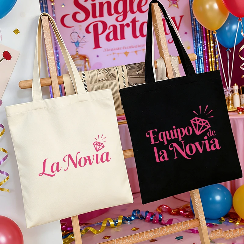 Spanish Girls Single Farewell Tote Bags Team Bride Tribe Canvas Reusable Shoulder Bags with Diamond Print for Bachelorette Party