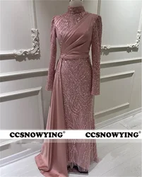 Full Sleeve Muslim Evening Dresses Satin Appliques High Neck Hijab Islamic Women Formal Party Gowns A Line Robes De Soirée