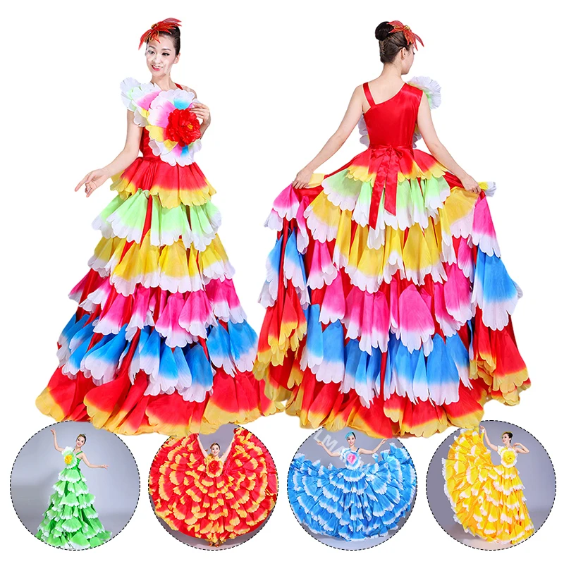 Vestidos Flamencos Espanhóis Para Mulheres, Abertura Tourada, Elegante Vestido de Dança, Vestido de Pétala Grande, Traje De Palco 180-720 Graus