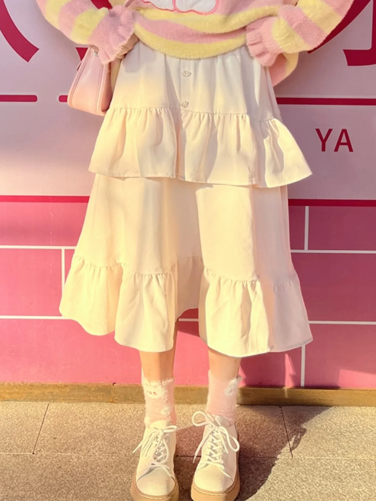 

Wed Original Teenage Girl Medium Length Skirt Commute Apricot Elastic Waist Loose Sweet Versatile A-Line Skirt