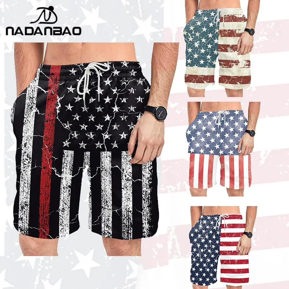 Nadanbao Independence Day Beach Pants for Men Digital Print Fifth Pants Bandage Surfing Casual Men Holiday Party Beach Shorts