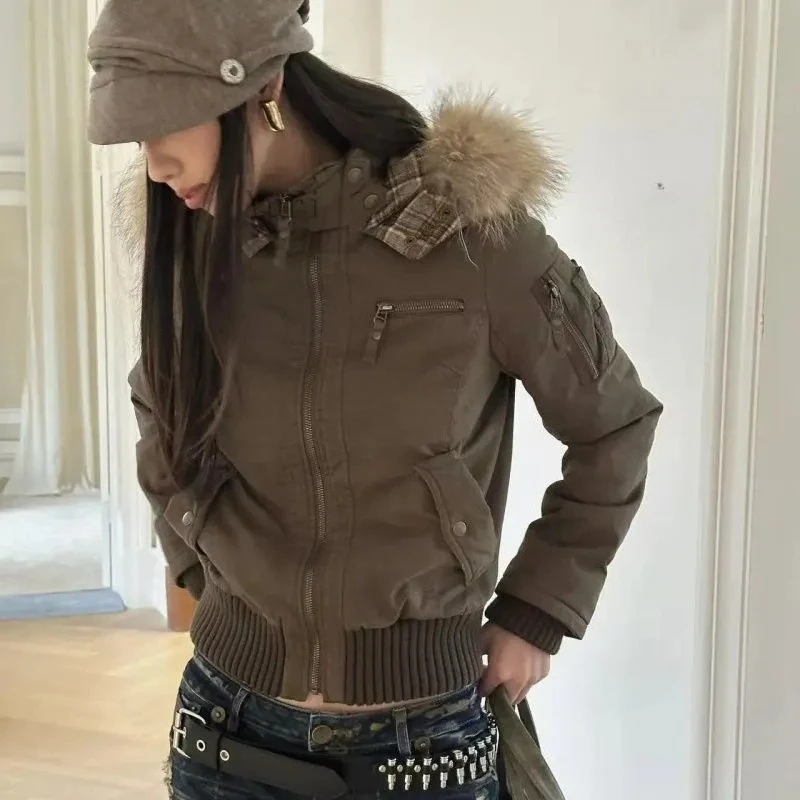 Women Retro Cargo Bomber Jacket Faux Fur Hood Plaid Lining Short Cropped Zip Up Warm Winter Streetwear Multi Pocket Outerwear
