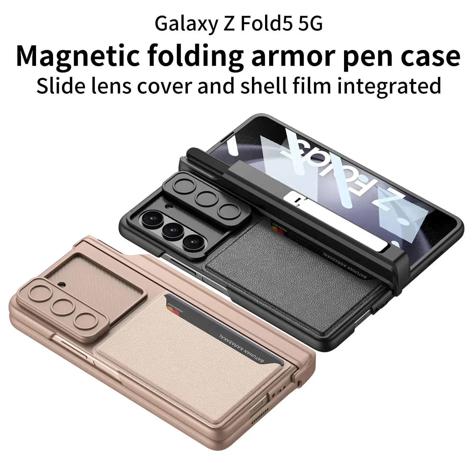 Card Holder Phone Case For Samsung Z Fold 5 Magnetic Suction Hinge Case Fold5 Sliding Window Lens Pen Holder All-Inclusive Shell