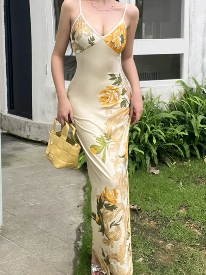 เดรสพิมพ์ลายหรูหราสำหรับผู้หญิง แฟชั่นเซ็กซี่ สายเดี่ยว คอวี ทรงเข้ารูป ชุดเดรสยาวสำหรับงานเลี้ยงกลางคืน
