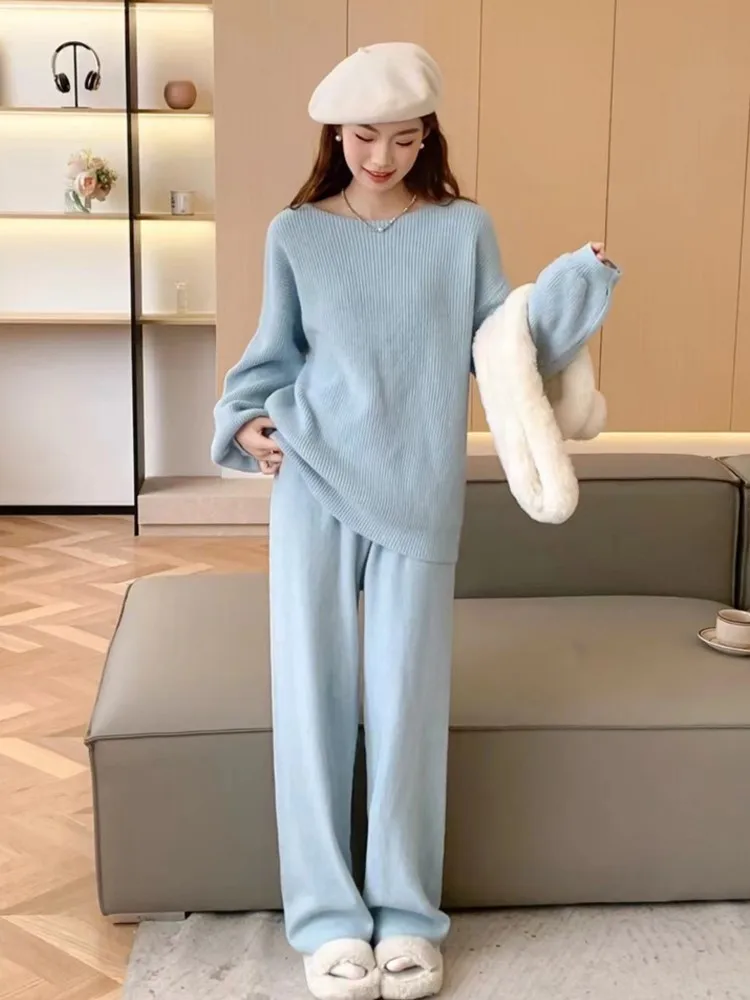 Women Solid Knitted Two Piece Suit Autumn Winter Long Sleeve Slash Neck Loose Sweater Top+Wide Leg Pants Casual Outfits Mujer