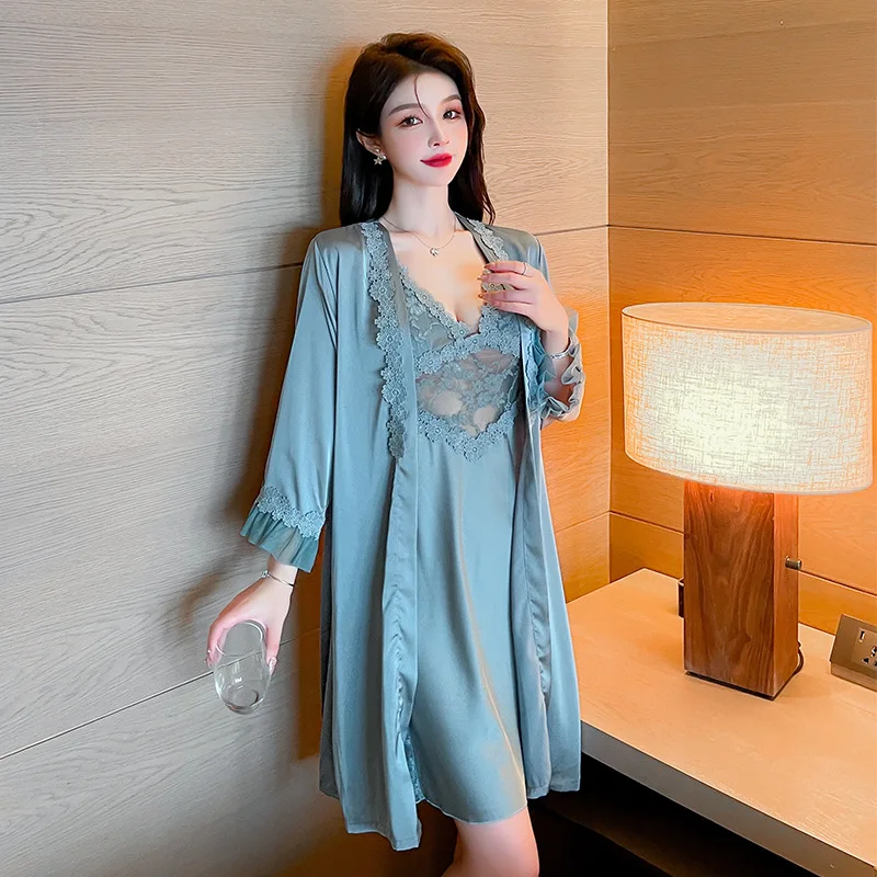 Bridal Wedding Lingerie V-Neck Loungewear Lace 2PCS Robe Suit With Strap Nightgown Sexy Kimono Bathrobe Gown Mini Sleepwear