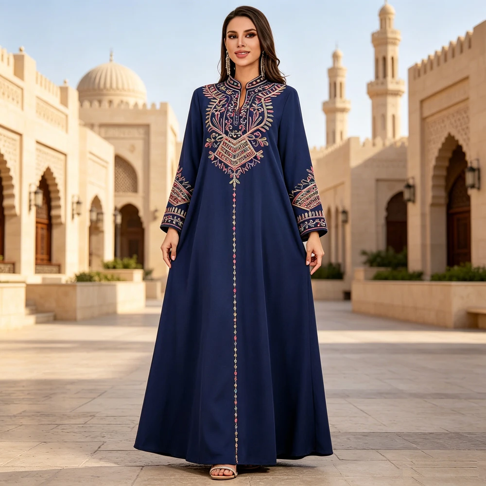 

Moroccan Style Colorful Embroidered Abaya Ladies Long Sleeve Maxi Kaftan Loose Casual Dubai Party Evening Formal Robe Jalabiya