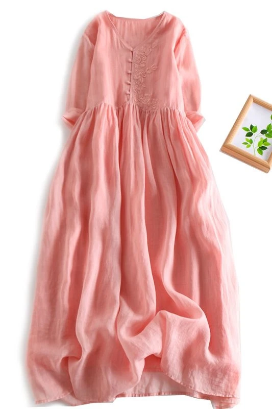 Elegant Pink Embroidered Cotton Linen Long Dress Women's Summer Loose Belly Covering Slimming Big Swing Double Layer Dress
