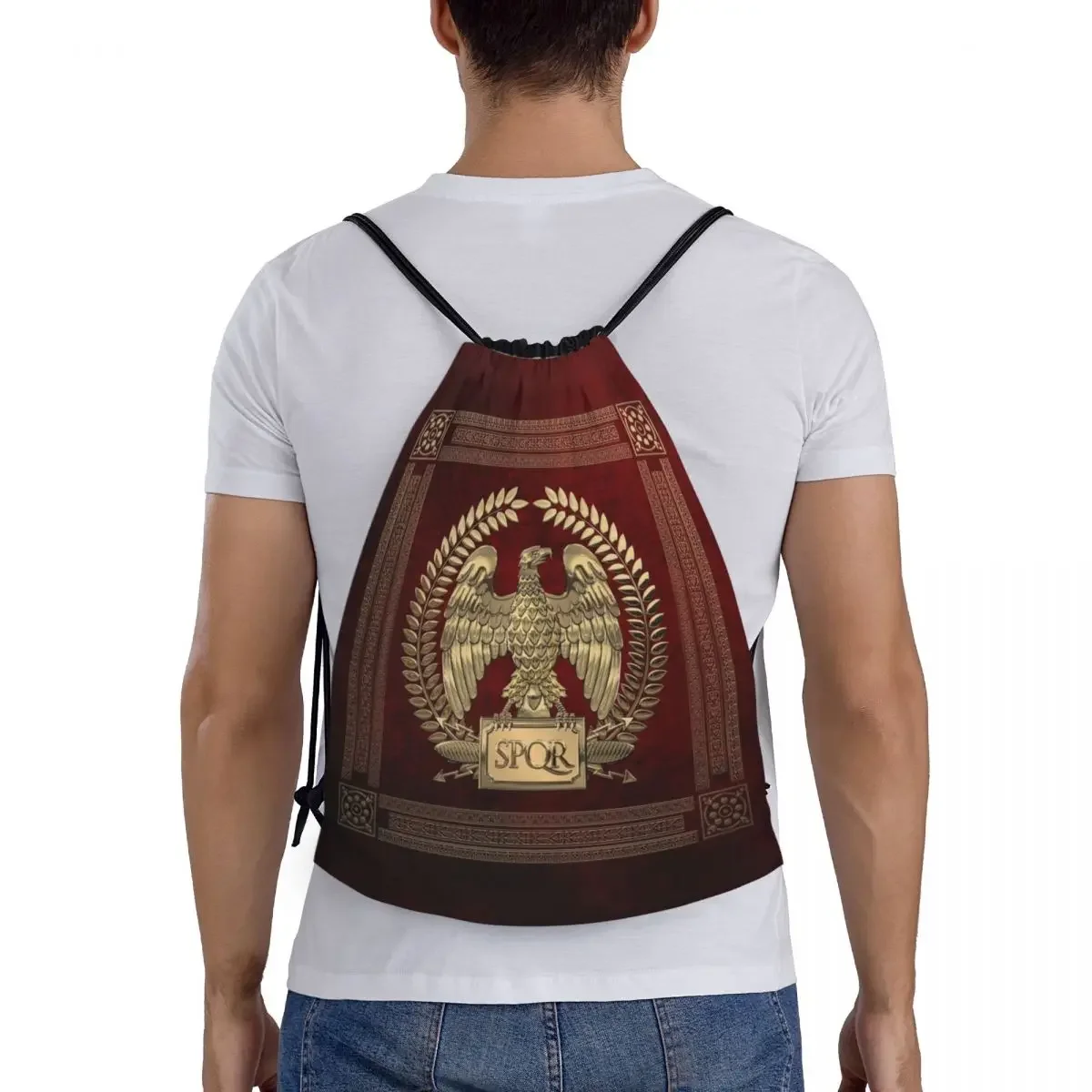 Mochila con cordón para hombre y mujer, morral deportivo de oro personalizado con diseño de Imperio Romano y águila, mochila de almacenamiento con emblema de Roma SPQR