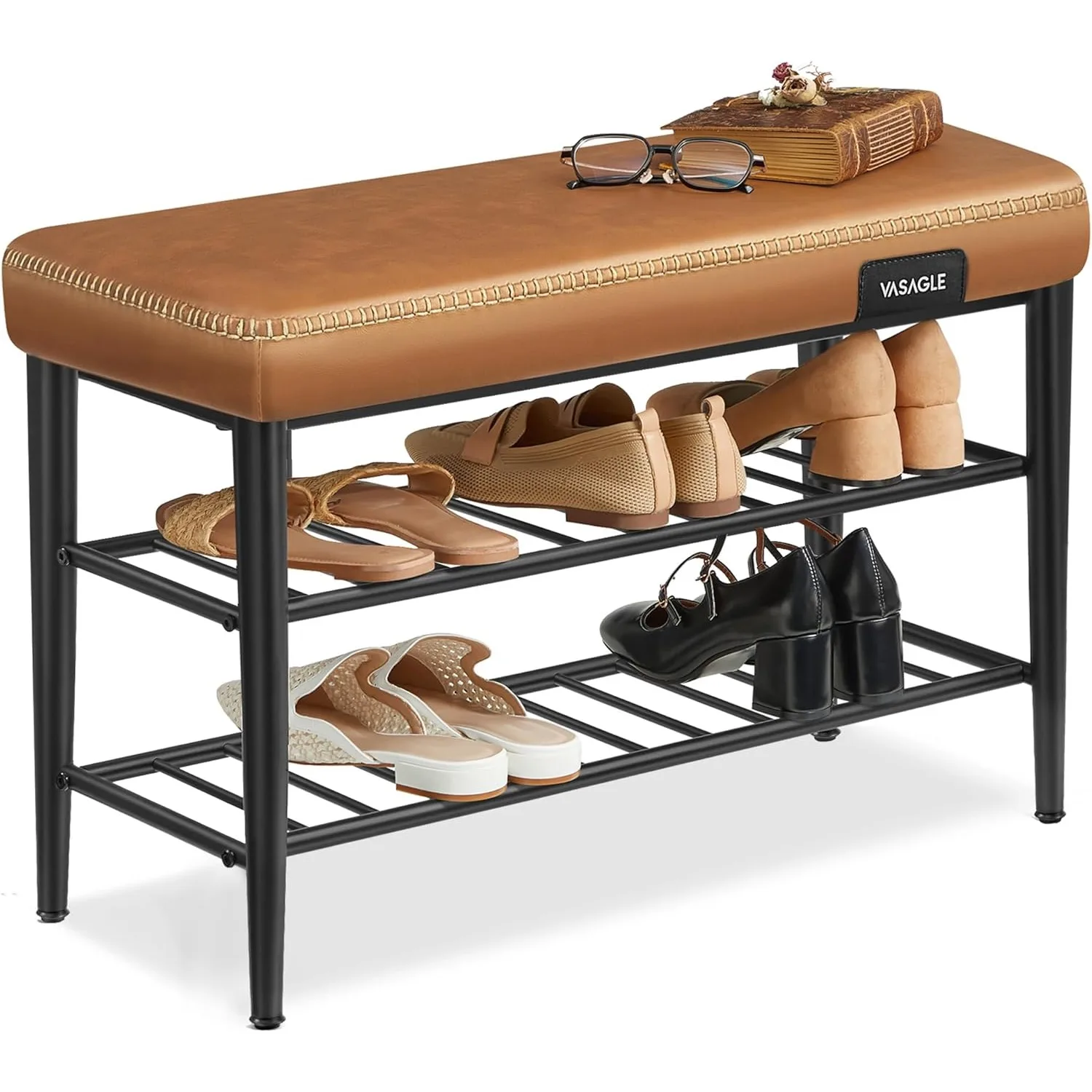 Shoe Bench, Storage Bench, Shoe Rack Bench Entryway, Synthetic Leather with Stitching, Mid-Century Modern, Loads 300 lb,