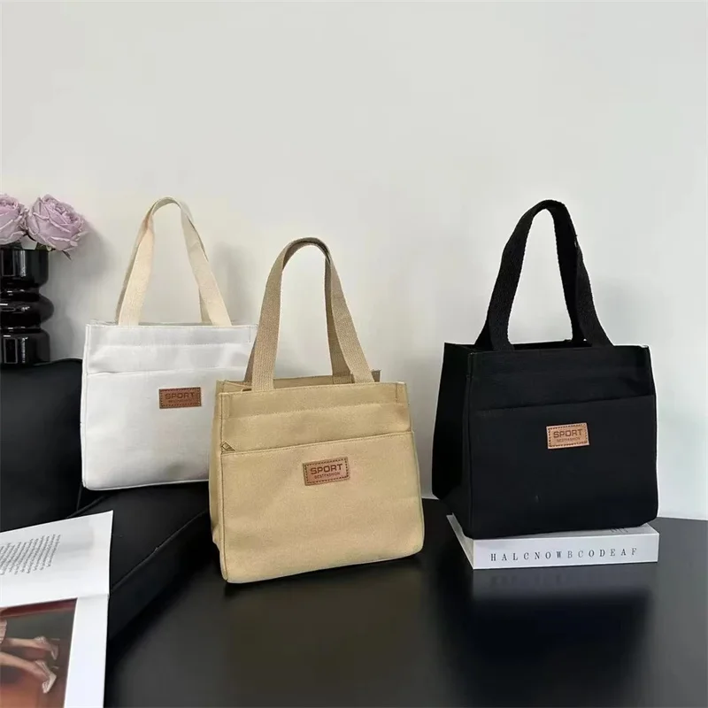 3Colors Simple Commuting Canvas Large Capacity Bento Tote Bag Office Worker Lunch Handbag