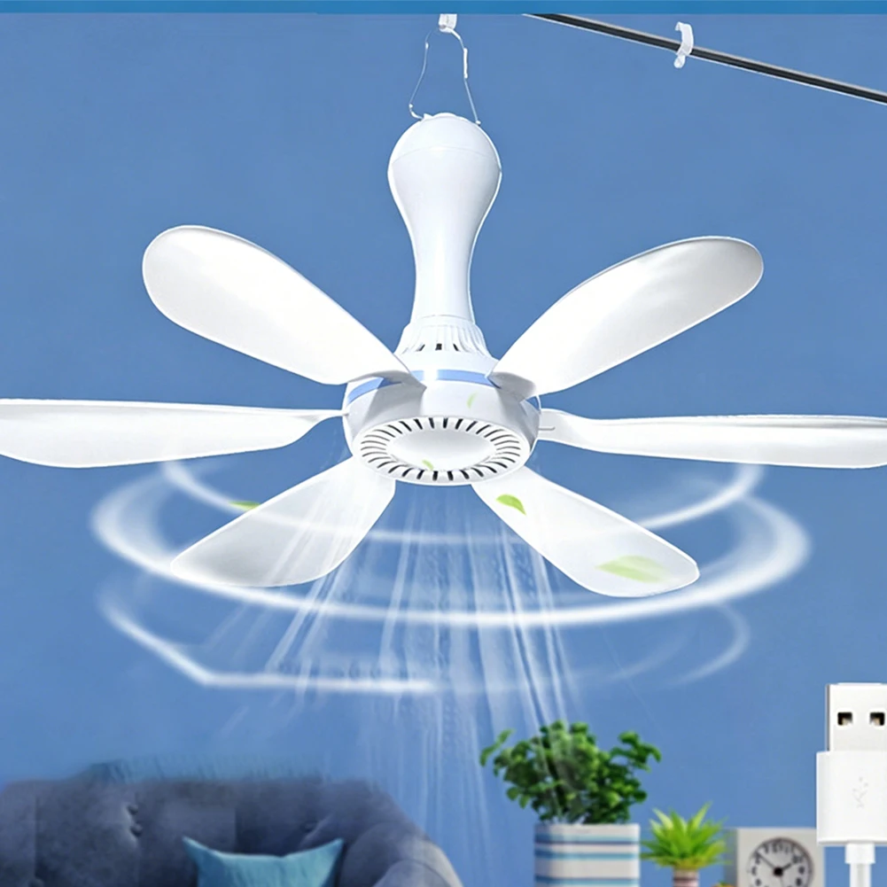 6-blade USB Ceiling Fan Low Noise With Remote Control 4 Wind Rate Settings Cooler For Outdoor Camping And Indoor Room Used