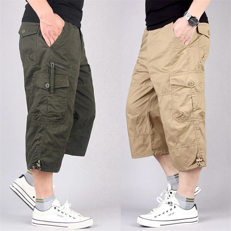 

Long Length Cargo Shorts Men Summer Multi-Pocket Casual Cotton Elastic Capri Pants Men Military Tactical Short Hot Breeches 5XL