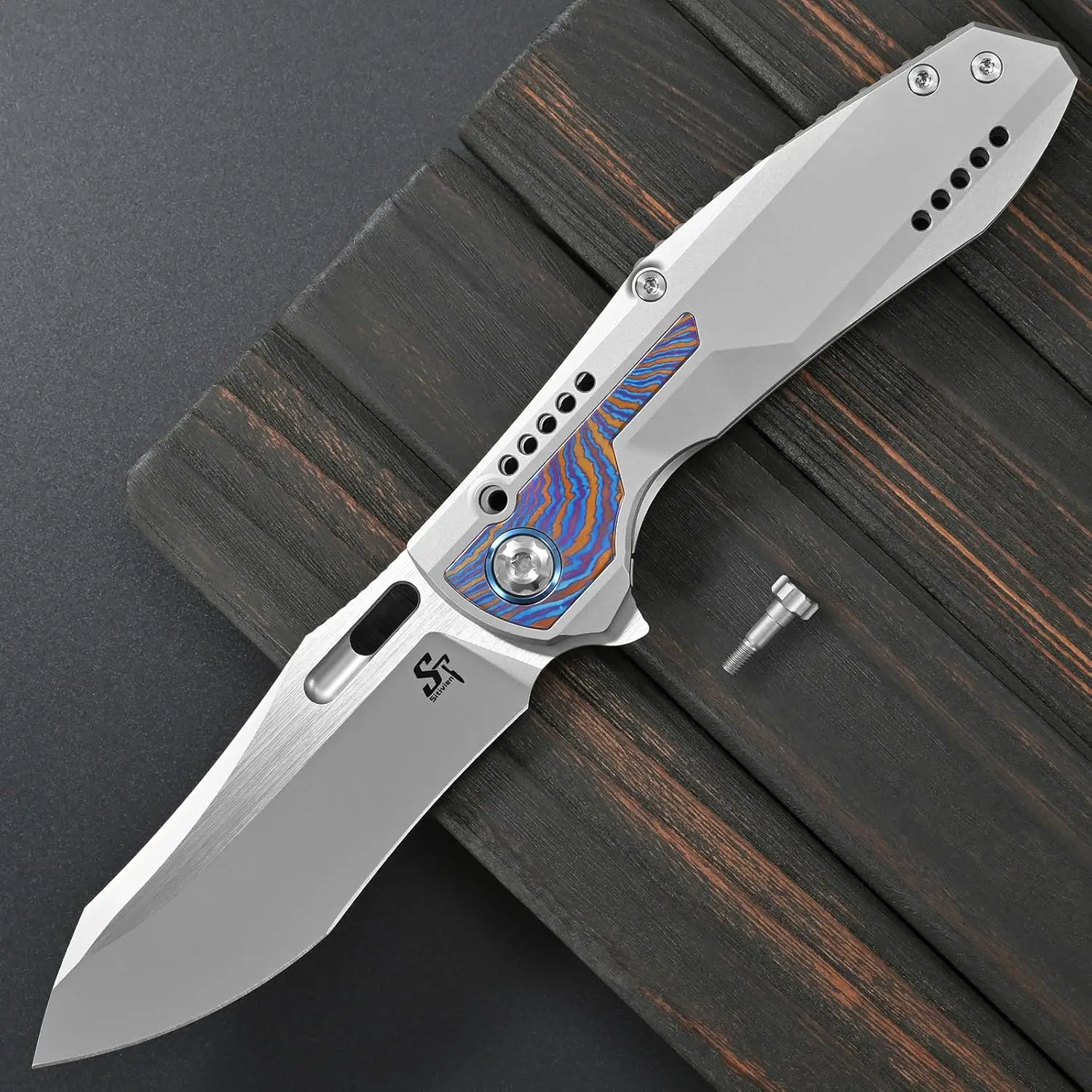 Sitivien ST275 Folding Knife M390 Steel Blade Titanium&Timascus Handle Knifes with Safety Frame Lock for Camp Collection