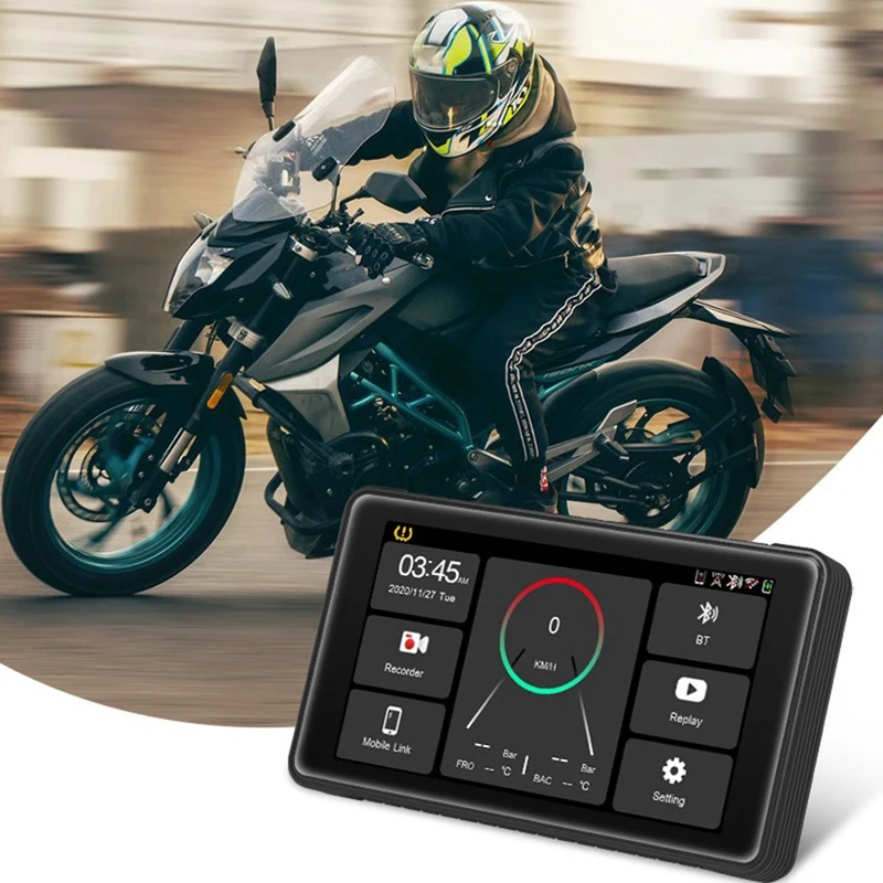 Motorcycle DVR Wireless Carplay Android Auto TPMS Dual HD 2K Cameras GPS 5-Inch Wifi Detection Loop Recording G Sensor