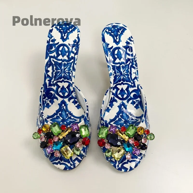 High Heeled Prints Jewel Slippers for Women Bohemian Colorful Crystal Open-Toe Stiletto Blue Green Summer Vacation Shoes view 3