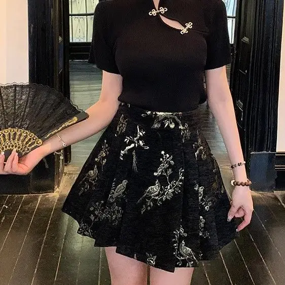 Roupa de verão estilo chinês slim fit top de manga curta com saia de rosto de cavalo conjunto de duas peças