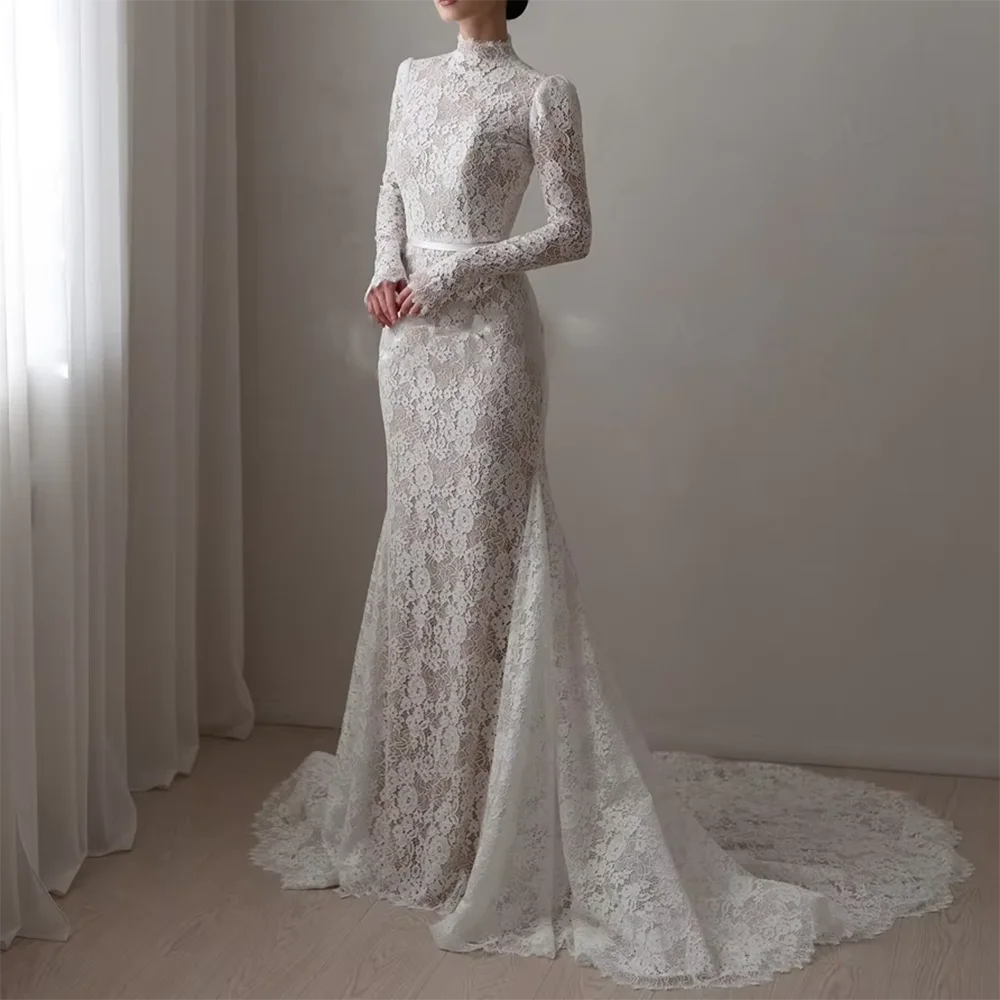 

Elegant High Neck Appliques Floral FLoor Length Mermaid Bride Wedding Dresses Bridal Gowns Customized