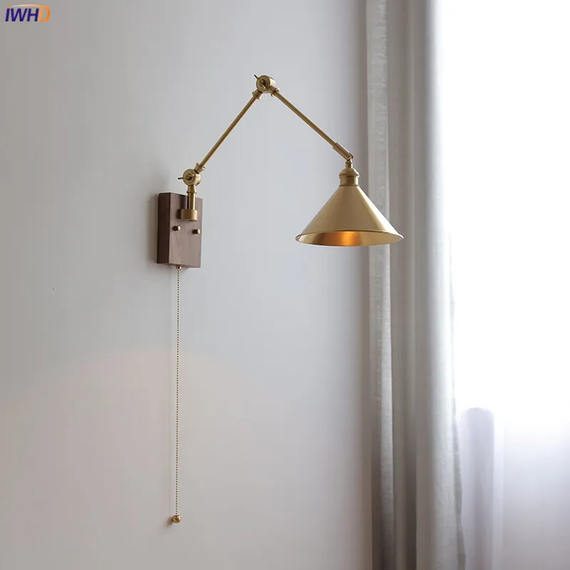 

IWHD Pull Chain Switch LED Wall Light Fixtures Copper Long Arm Walnut Home Indoor Lighting Nordic Modern Wandlamp Luminaria