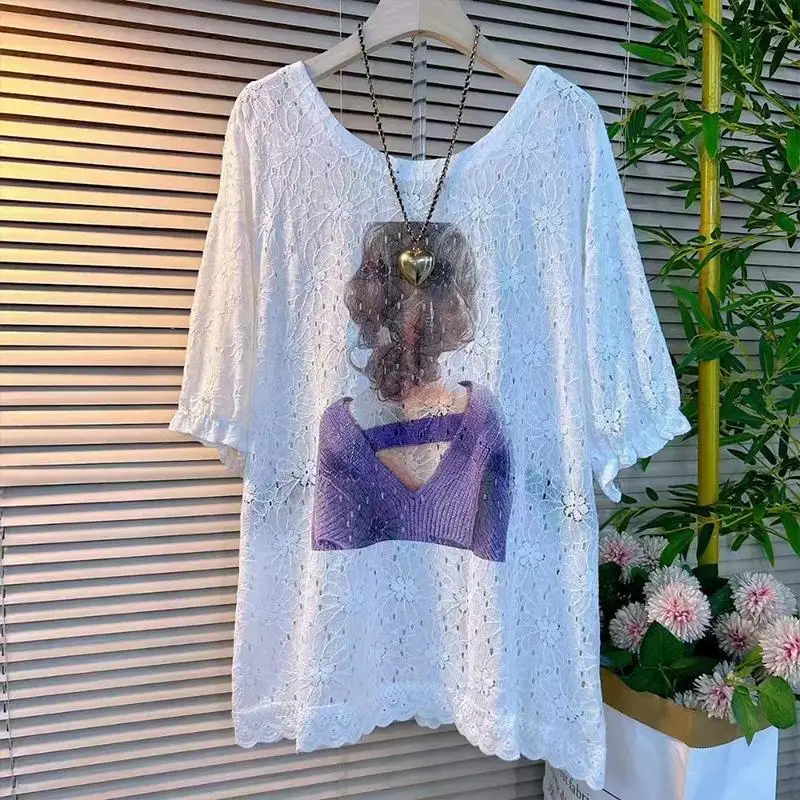 女性のためのルーズなレースのパッチワークTシャツ,透かし彫り,無地の韓国のプリント,すべてにマッチするトップス,カジュアルな夏服,新しいファッション,大きいサイズ