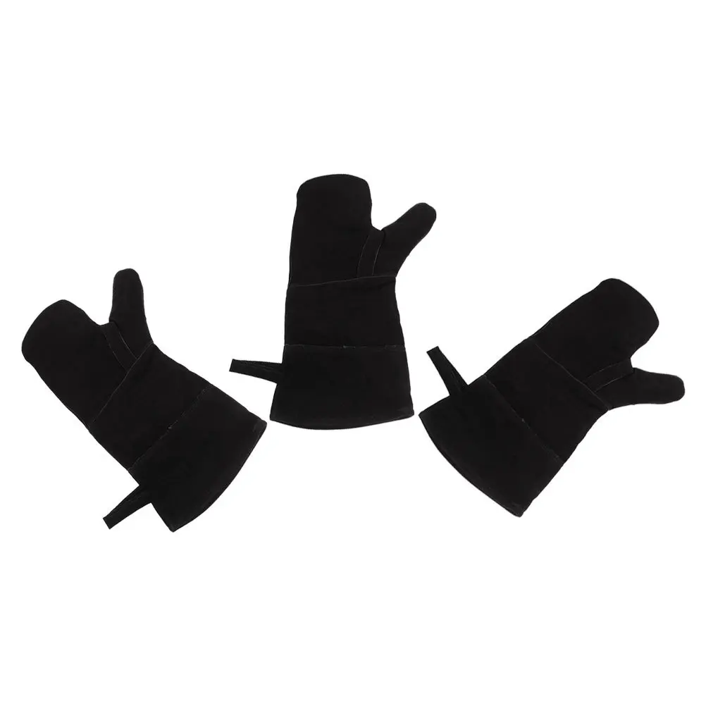 3 قطعة قفازات فرن معزولة للحرارة أسود شواء شواء الخبز القطن اصطف جلد البقر حماية قفازات الطبخ قفازات فرن الاصبع