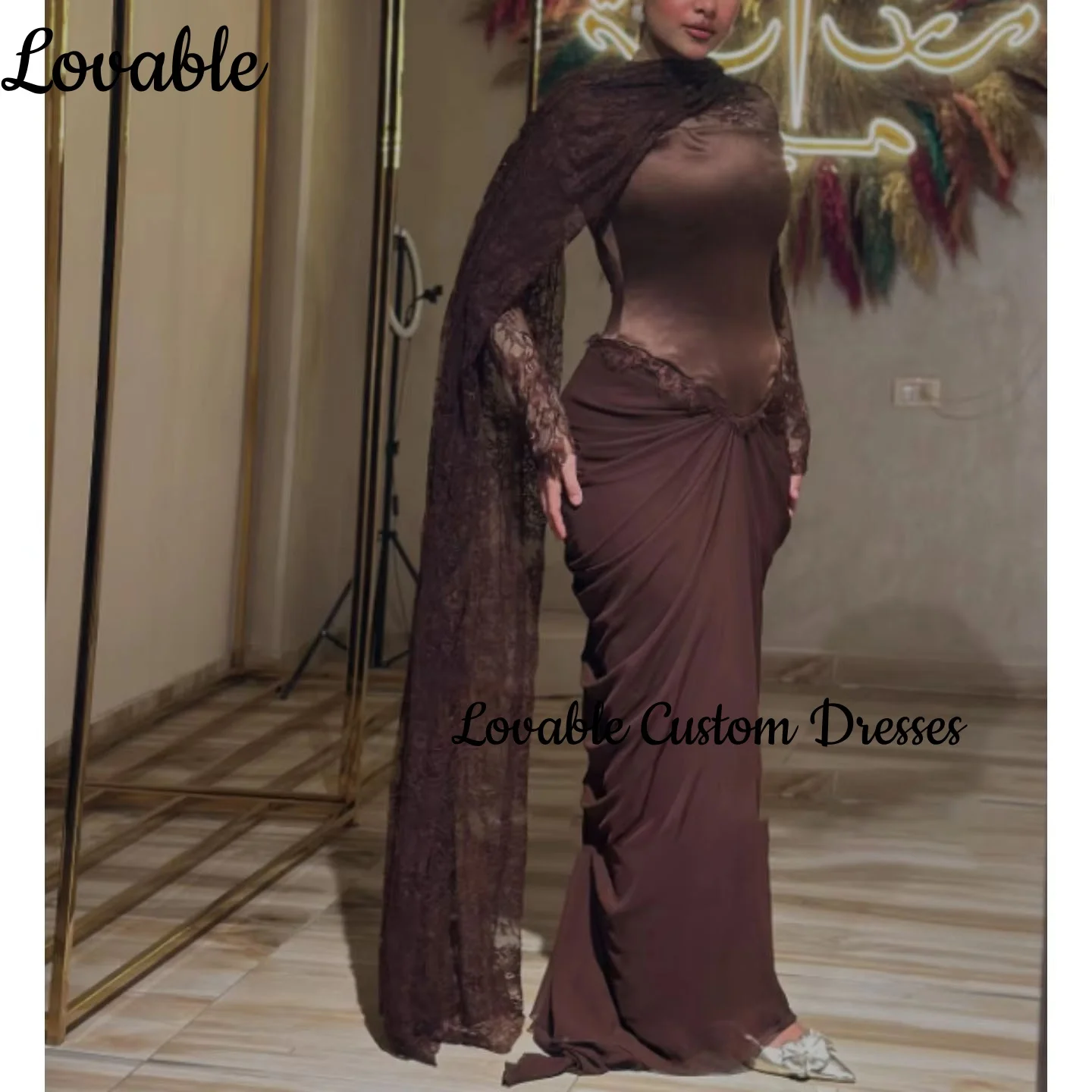 Vestido de fiesta de boda de Dubái, vestido de encaje acampanado con escote redondo personalizado, elegante vestido de lujo hasta el suelo con cremallera y mangas largas