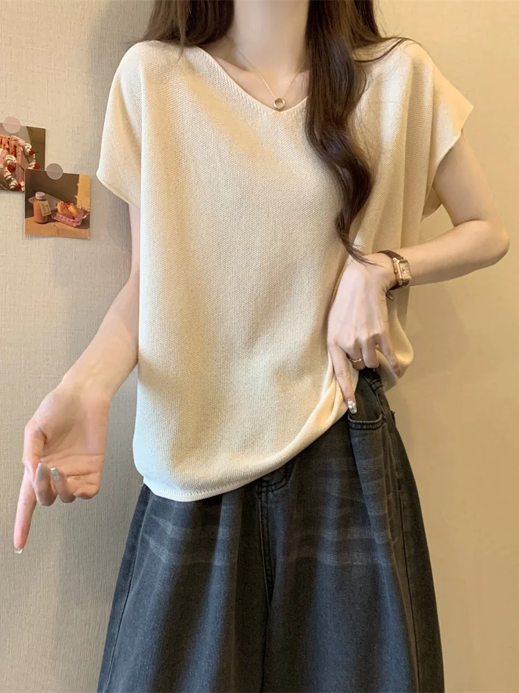 

Thin Ice Silk Short Sleeve V-Neck T-Shirt Women's Summer Large Size Flattering Belly Concealing Arm Covering Korean Style Top