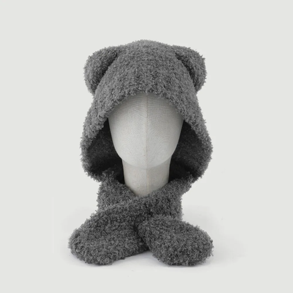 

Cartoon Warm Plush Bear Ear Hat Velvet Cap Cute Beanies Thickened Soft Hat Scarf Integrated Outdoor