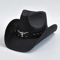 Cappello di paglia addensato per uomo cappello da Cowboy occidentale Vintage con bordo arricciato cappello da sole estivo da spiaggia Sombrero Hombre