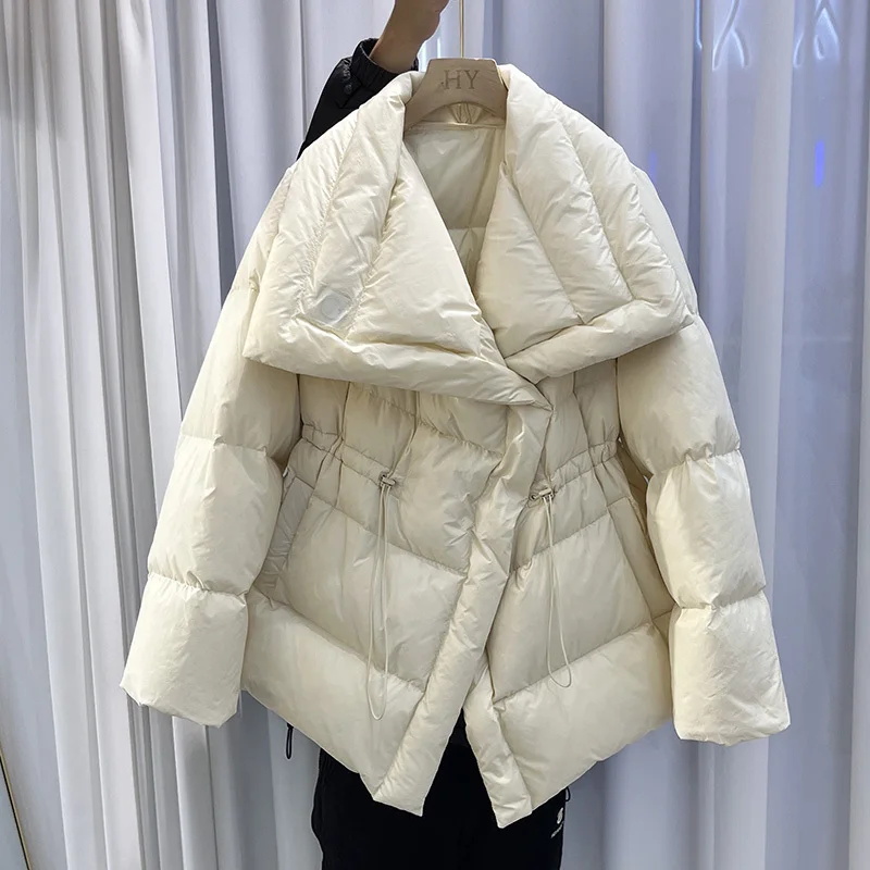 Luxo feminino fluffy puffer jaqueta cáqui inverno quente ajustável wasit para baixo casaco 2023 novo desinger parkas outwear