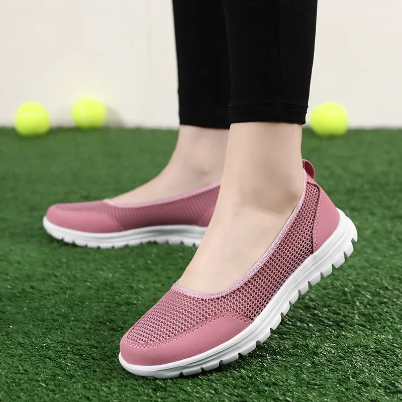 Sapatos flats de malha respirável para mulheres, boca rasa casual, tênis macio, sapatos antiderrapantes leves, tamanho super 42