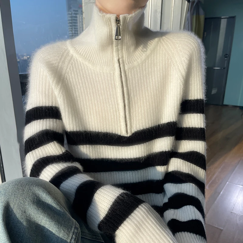 High-end soft turtleneck 100% cashmere sweater women\'s loose thick striped sweater bottoming sweater top