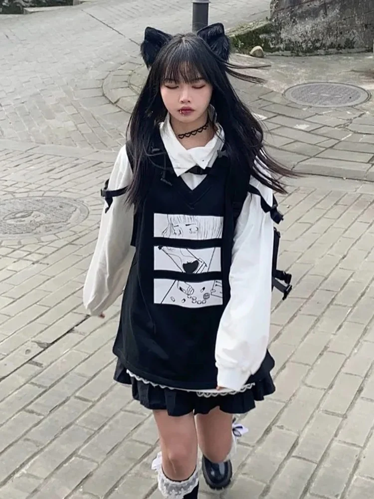 Y2k الجمالية أنيمي المطبوعة سترات النساء خمر التداخل أكمام فضفاضة صدرية القمم Harajuku الجرونج موضة الدبابات