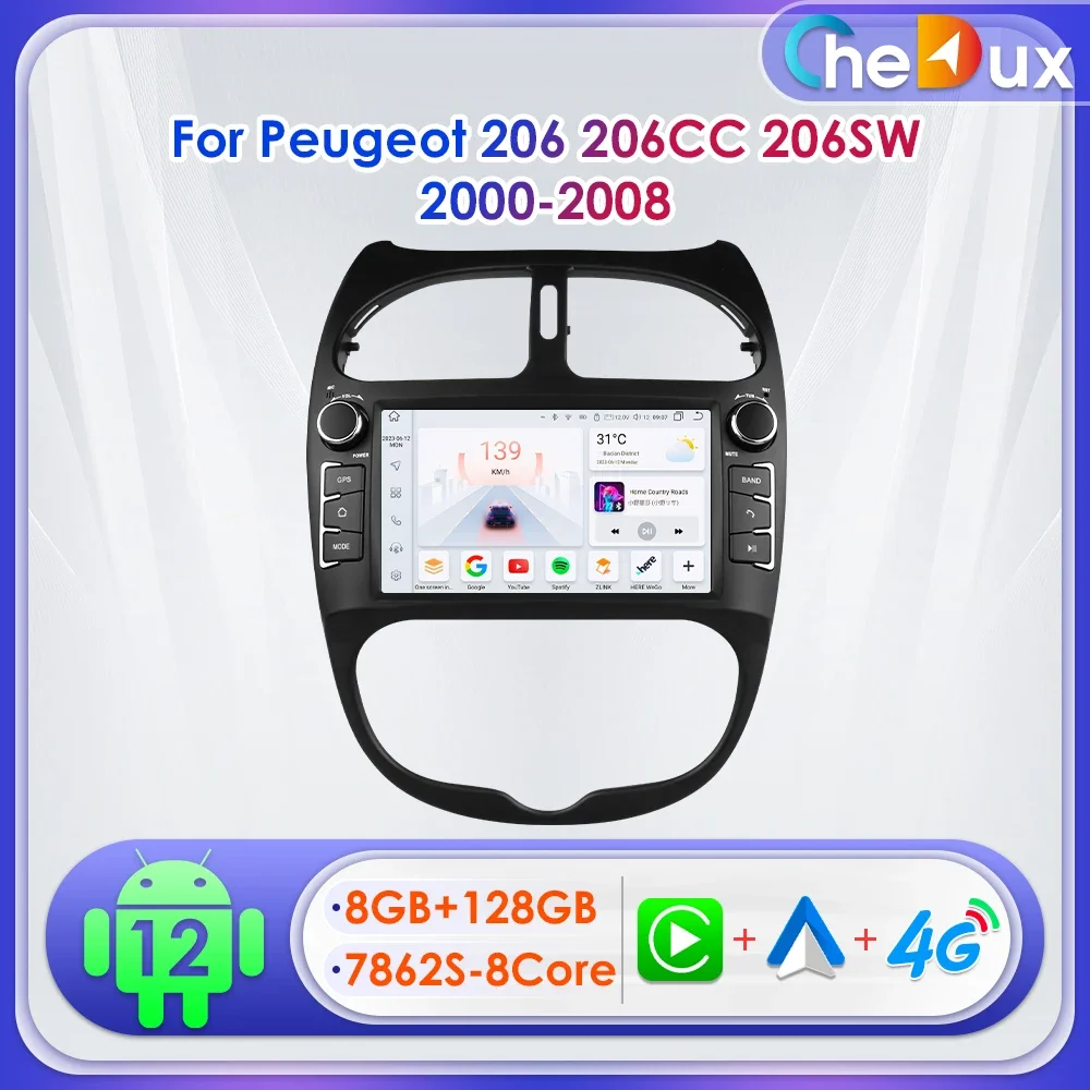 Chedux 7inch 2Din Android Auto Car Radio for Peugeot 206 206CC 206SW 2000 - 2008 Multimedia Navi GPS RDS DSP BT CarPlay UI7862