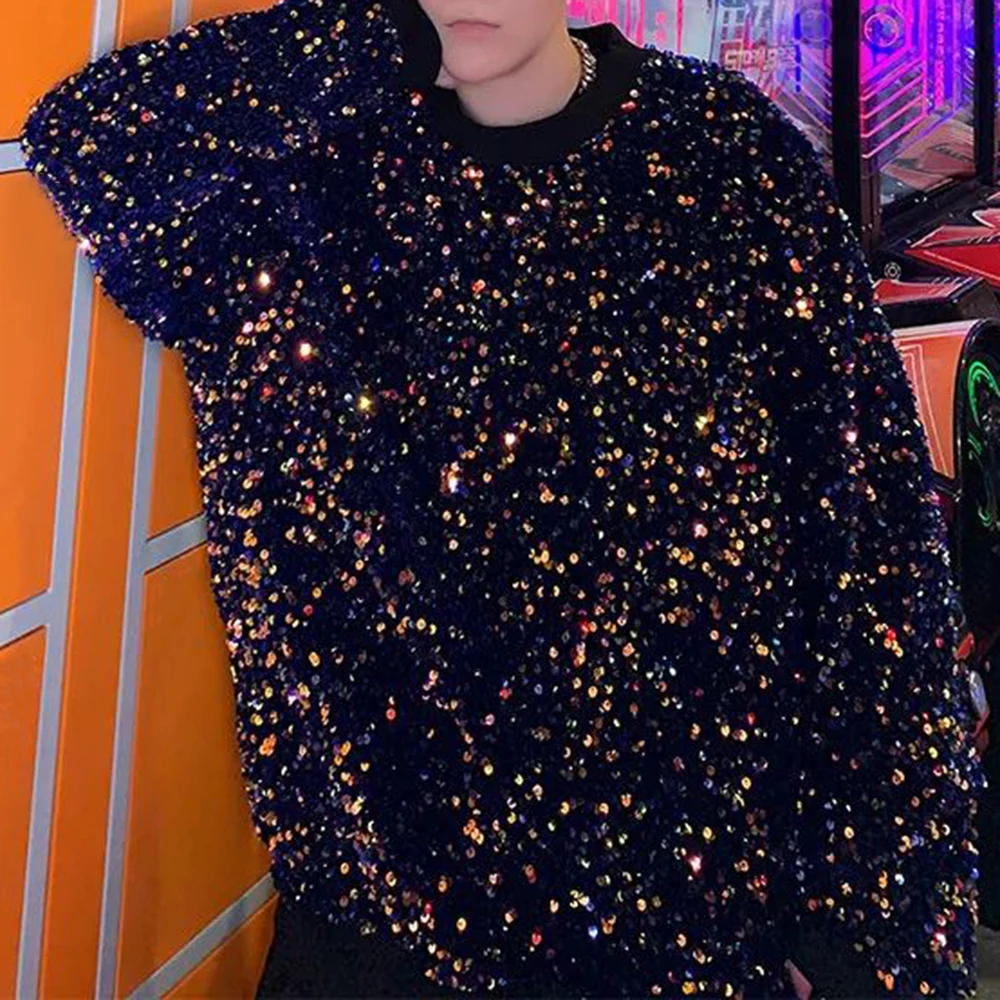 

Mens Fashionable Sequined Long-Sleeved Sweatshirt Autumn Winter Genderless Youth Trendy Nightclub Stage Performance Tops Unisex