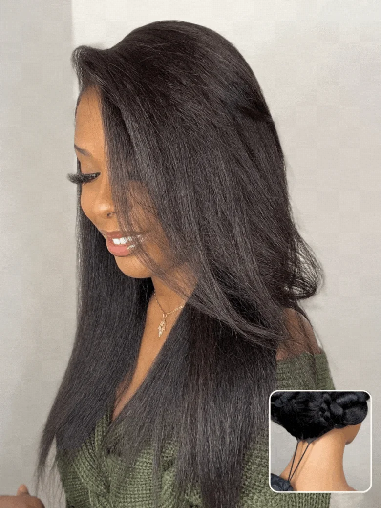3 in 1 Wigs V Part Wig Kinky Straight Human Hair Wigs Yaki Straight Half Part Human Hair Wig for Women Beginner Friendly
