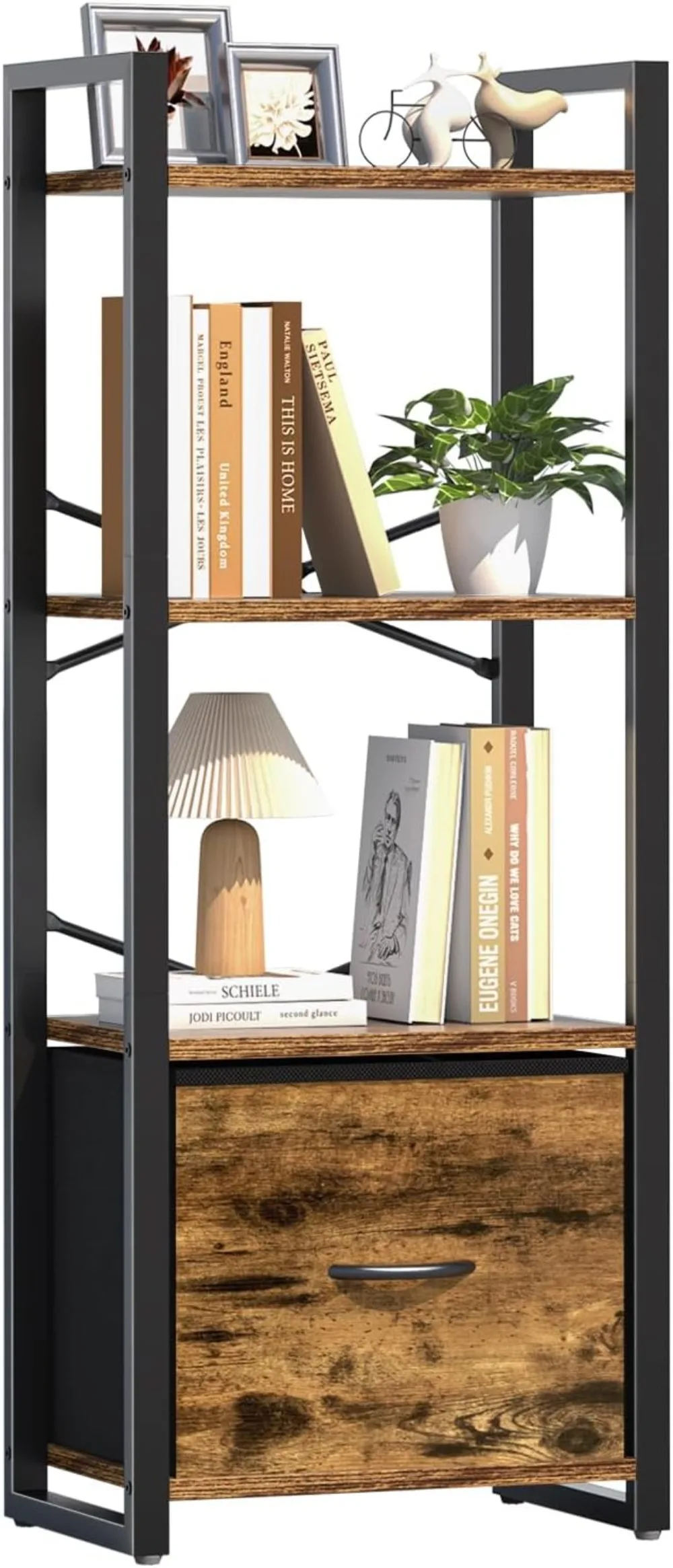 

4 Tier Book Shelf W/ Drawer, Small Bookcase Narrow Book Case,for Bedroom Living Room Office, Book Storage Organizer for CD/Movie